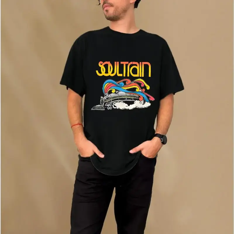 [Vibrant Soul Train Tee] Vibrant Plus Size men's Fashion T-Shirt - Soul Train Graphic, Stretchy Polyester Blend, Round Ne...