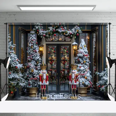 Snowy Dark Navy Christmas Nutcracker Shop Backdrop - Aperturee
