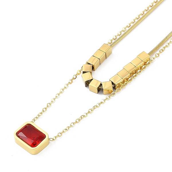 Ion Plating(IP) Golden Tone 304 Stainless Steel Pave Cubic Zirconia Rectangle Pendant Necklaces for Women