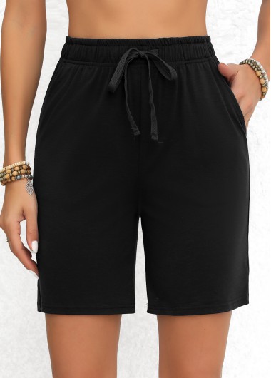 Modlily Black Double Side Pockets Elastic Waist High Waisted Shorts - L