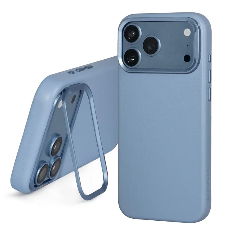 Apple iPhone 18 Pro / iPhone 17 Pro Leather Bumper Case (with Camera Stand) - Light Blue