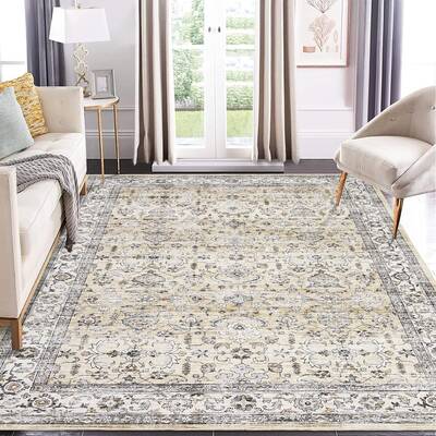 Garvee Camel 8x10 Vintage Washable Area Rug– Distressed Oriental Floral Carpet, Ultra-Thin Non-Slip Farmhouse Rug for Livin...