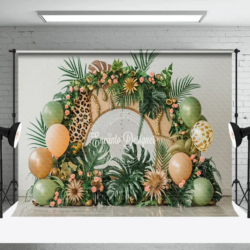 Tribal Monstera Balloons Leopard Cake Smash Backdrop - Aperturee