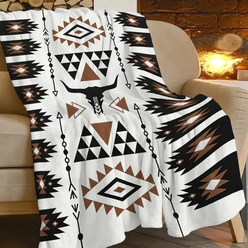 Western Boho Cowboy Print Blanket Country Farm Native West Aztec Indian Texas Longhorn Bull Skull Throw Blankets for Couch So...