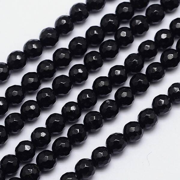 Faceted Round Natural Black Tourmaline Bead Strands