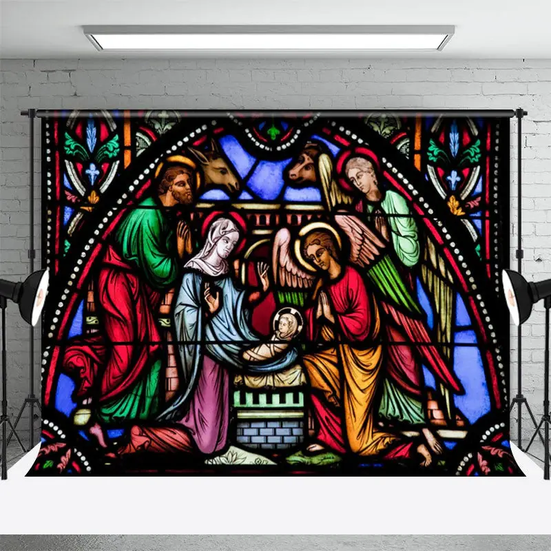 Stained Glass Nativity Photo Christmas Backdrop - Aperturee