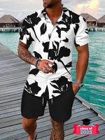 Two-piece Set Men's Floral Print Shirt & Shorts Set, Regular Fit Casual Short Sleeve Button Front Top & Shorts, Men's Summer ...