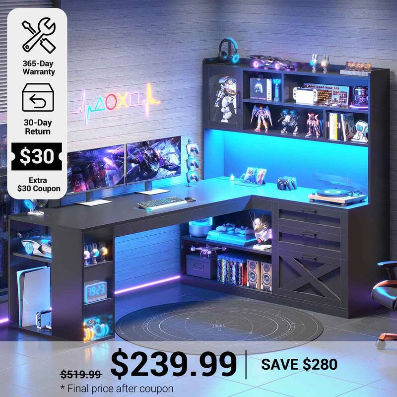 SEDETA | 61 Inch Farmhouse L Shaped Computer Office Desk Gaming Desk with Power Outlet LED Light Drawers Storage Shelves and ...