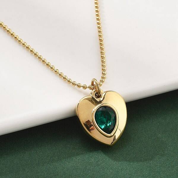 304 Stainless Steel Green Cubic Zirconia Pendant Neckalces for Women