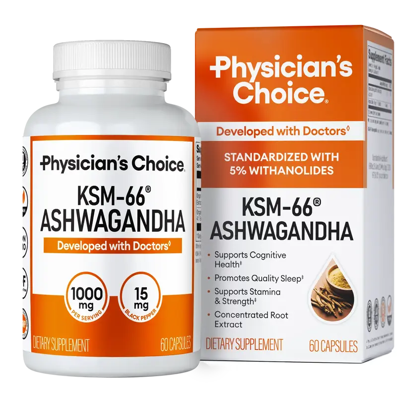 Physician's Choice KSM-66 Ashwagandha - 1,000 MG, 5% Withanolides, & Natural Vegan Capsules - Supports Sleep, Athletic Recove...