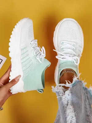 Summer Fashionable Causal Colorblock Mint Green Round Toe Running Shoes for Women, Sporty Lightweight Breathable Lace Up Spor...