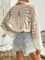 Women's Floral Embroidery Semi-sheer Scallop Trim Cover Up, Casual Cute Long Sleeve Round Neck Cover Up for Beach Vacation, L...