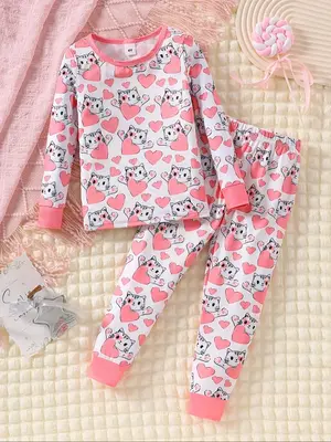 Two-piece Set Girl's Cat & Heart Print Sweatshirt & Pants Set, Cute Long Sleeve Round Neck Pullover & Trousers for All Season...
