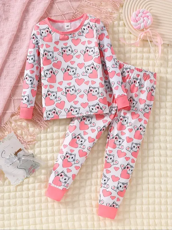 Two-piece Set Girl's Cat & Heart Print Sweatshirt & Pants Set, Cute Long Sleeve Round Neck Pullover & Trousers for All Season...
