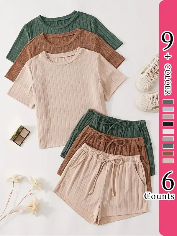 Women's Plain Round Neck Tee & Knot Front Elastic Waist Shorts with Pocket Loungewear Set, Summer Wear 2024, Casual Soft Paja...