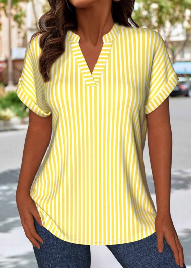 Modlily Light Yellow Striped Short Sleeve Split Neck Blouse - L