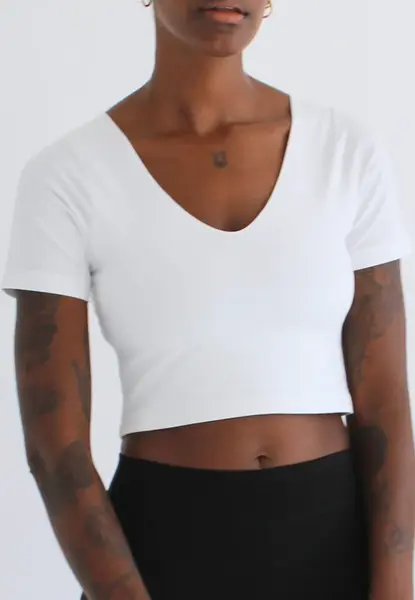 Organic Cotton V-Neck Cropped T-Shirt, White | Size: XXXL