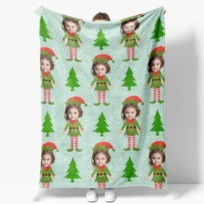 Custom Photo Pine Tree Elf Dots Christmas Blanket - Aperturee