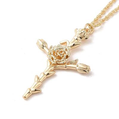 304 Stainless Steel Cross with Flower Pendant Necklaces for Women