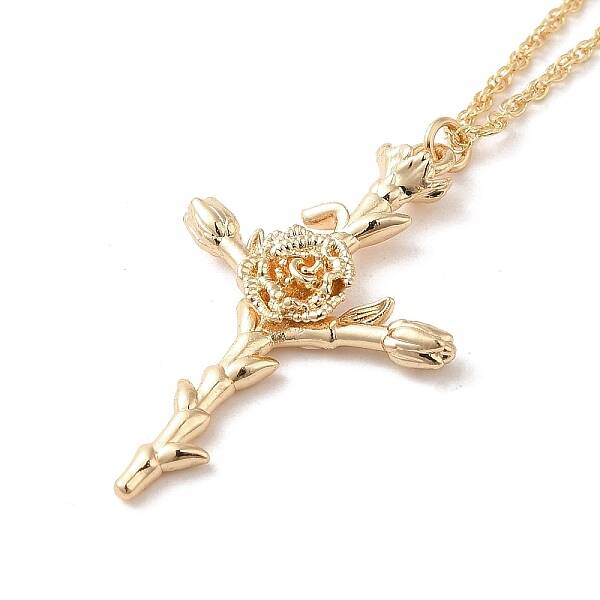 304 Stainless Steel Cross with Flower Pendant Necklaces for Women