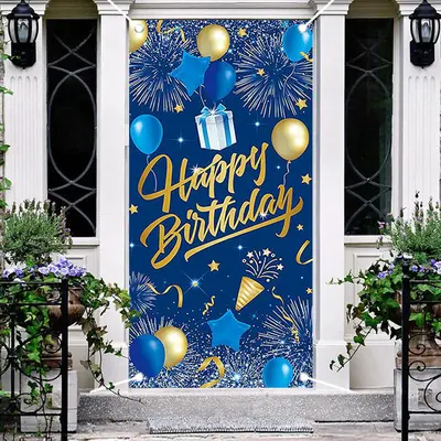 Sparkle Gold Blue Balloons Happy Birthday Door Cover - Aperturee