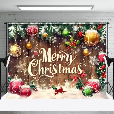 Aperturee Red Gold Baubles Wooden Board Christmas Backdrop