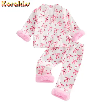 Toddler Baby Girl Valentine Pajamas Sets Bow Print Plush Laple Long Sleeve Tops with Pants