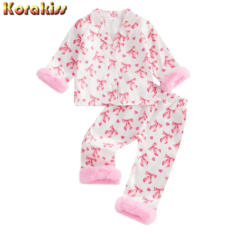 Toddler Baby Girl Valentine Pajamas Sets Bow Print Plush Laple Long Sleeve Tops with Pants