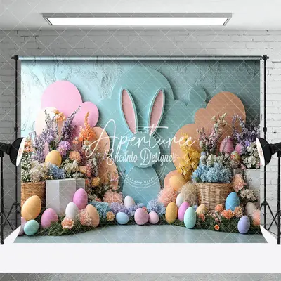 Aperturee Green Orange Wall Bunny Floral Eggs Easter Backdrop, 3X2FT(1MX0.6M), 14 USD, easter backdrops, ENHD3J34-M
