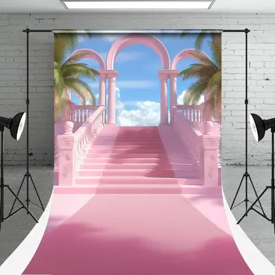 Blue Sky Tree Pink Arch Stairs Architecture Backdrop - Aperturee