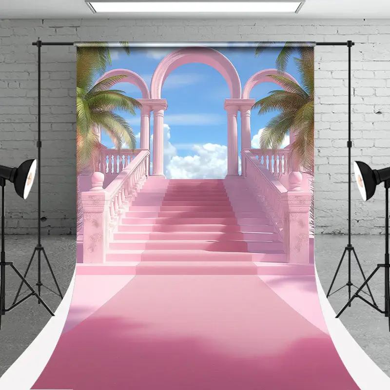 Blue Sky Tree Pink Arch Stairs Architecture Backdrop - Aperturee