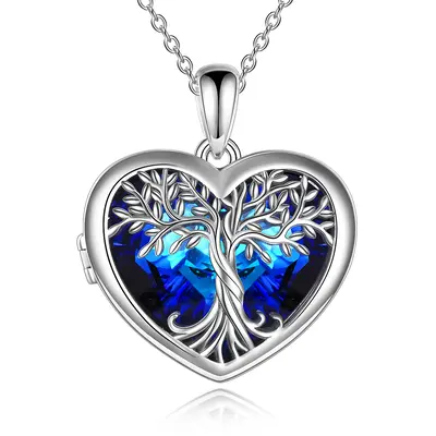 Sterling Silver Heart Shaped Tree Of Life Crystal Pendant Necklace