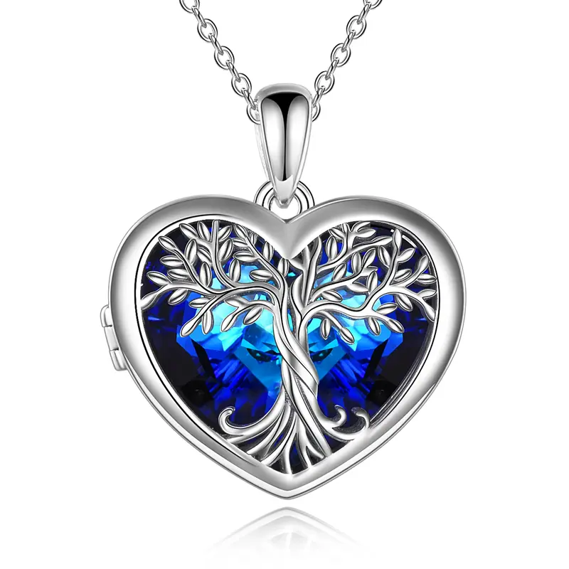 Sterling Silver Heart Shaped Tree Of Life Crystal Pendant Necklace