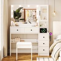 Vanity Desk with Mirror and Lights, Makeup Vanity Table Set with 5 Storage Drawers, Power Outlet & Chair, Small Dressing Tabl...