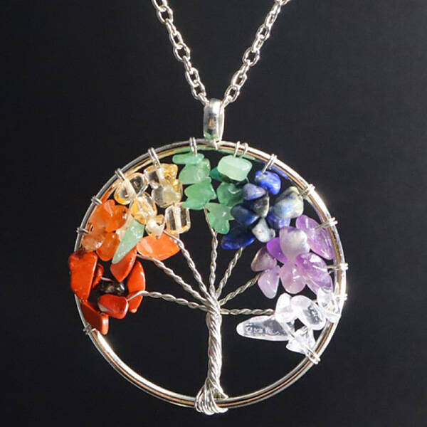 Natural Stone Chip Tree Of Life Chakra Pendant Necklaces