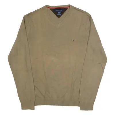 TOMMY HILFIGER Mens Jumper Beige V-Neck Tight Knit M