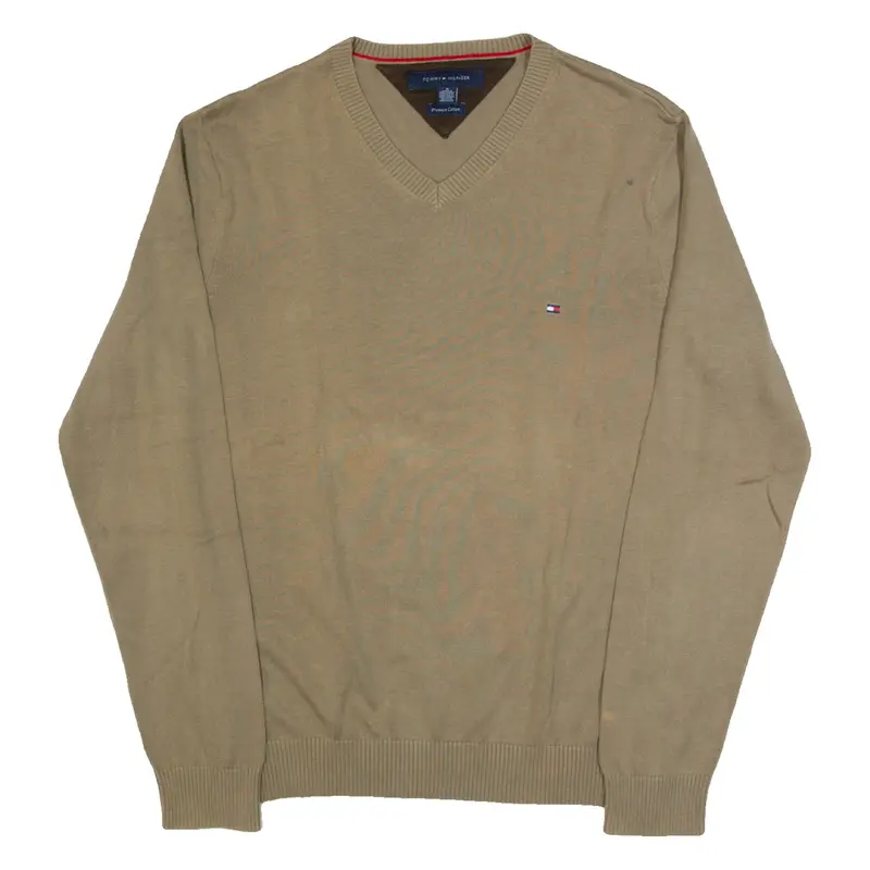 TOMMY HILFIGER Mens Jumper Beige V-Neck Tight Knit M