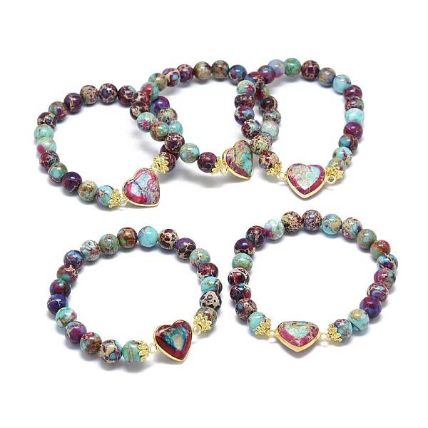 Natural Regalite/Imperial Jasper/Sea Sediment Jasper Heart Link Bracelets