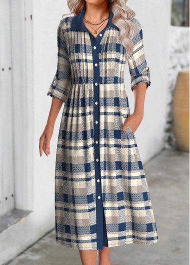 Modlily Multi Color Button Plaid Long Sleeve Shirt Collar Dress - XXL
