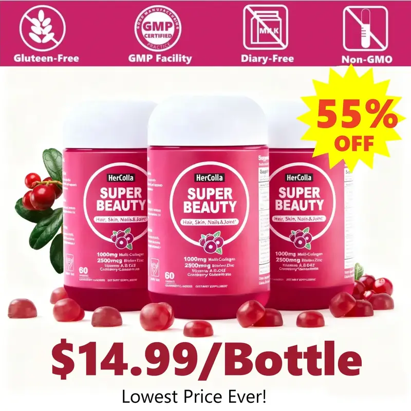 HerColla SUPER BEAUTY all-in-1 Collagen Gummy with Cranberry&Folate,1000mg Multi Collagen Complex( l, ll, lll, V, and X), Bio...