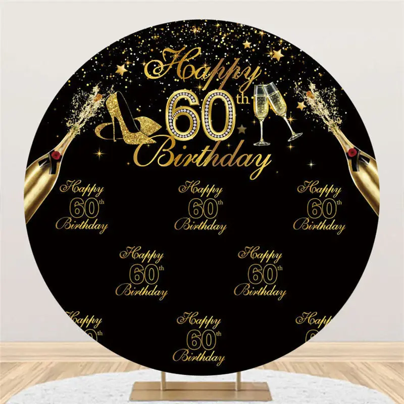 Aperturee Black And Gold Happy 60Th Birthday Circle Backdrop | Backdrop For Birthday Party | Birthday Party Decorations | Nam...