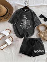 Two-Piece Set Women's Harry Potter Print Short Sleeve T-shirt & Shorts, Casual Fashion Cozy Tee & Shorts for Daily Outdoor We...