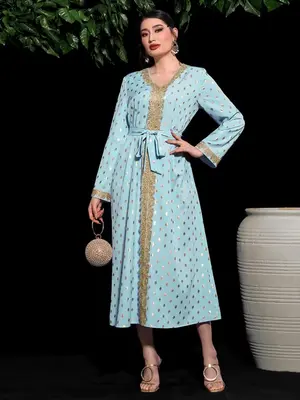Women's Polka Dot Print Embroidered Lounge Dress, Elegant Long Sleeve V Neck Long Dress for Daily Wear, Ladies Islamic Clothi...