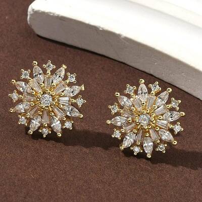 Flower Brass Micro Pave Clear Cubic Zirconia Studs Earrings