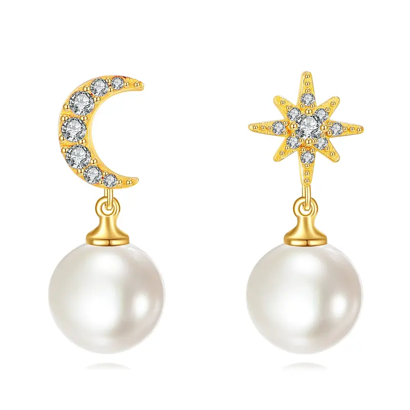 14K Gold Cubic Zirconia & Pearl Moon & Star Drop Earrings