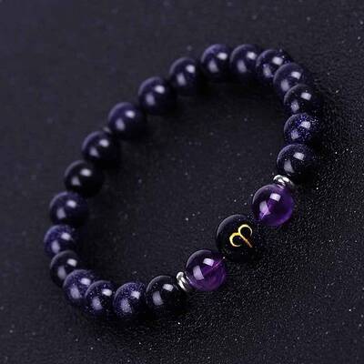 Aries Round Synthetic Blue Goldstone & Natural Amethyst Stretch Bracelets for Women Men