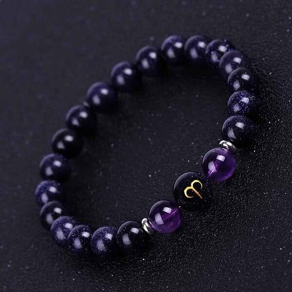 Aries Round Synthetic Blue Goldstone & Natural Amethyst Stretch Bracelets for Women Men