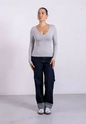 Organic Cotton V-Neck Long Sleeve T-Shirt, Light Grey Marl | Size: XXL