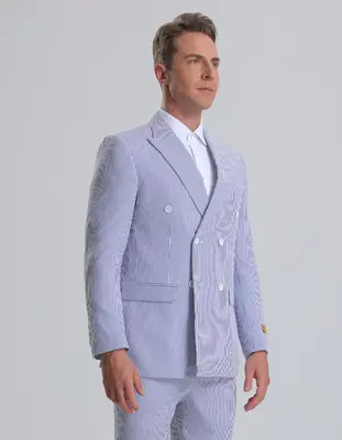 Kentucky Derby Seersucker Suits For Men - Big and Tall Seersucker Suit Mens Double Breasted Summer Seersucker Suit in Blue Pi...