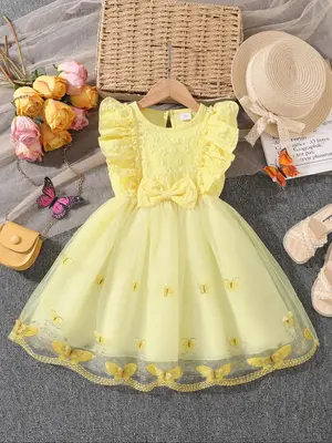 Girl's Butterfly Pattern Bow Decor Dress, Cute Round Neck Dress for Summer, Kids Clothes for Daily Wear